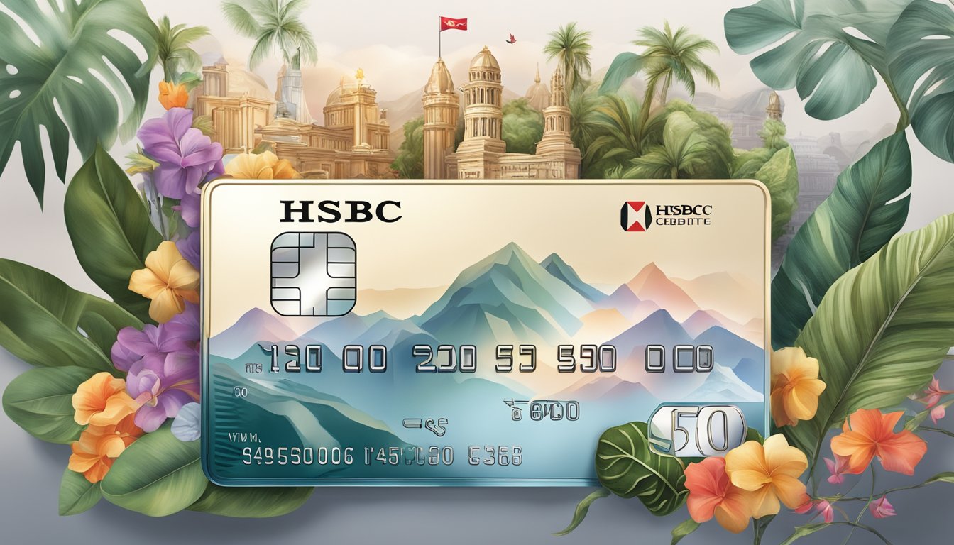 The HSBC Visa Infinite credit card is showcased with sleek design and metallic accents, surrounded by luxury travel and lifestyle symbols