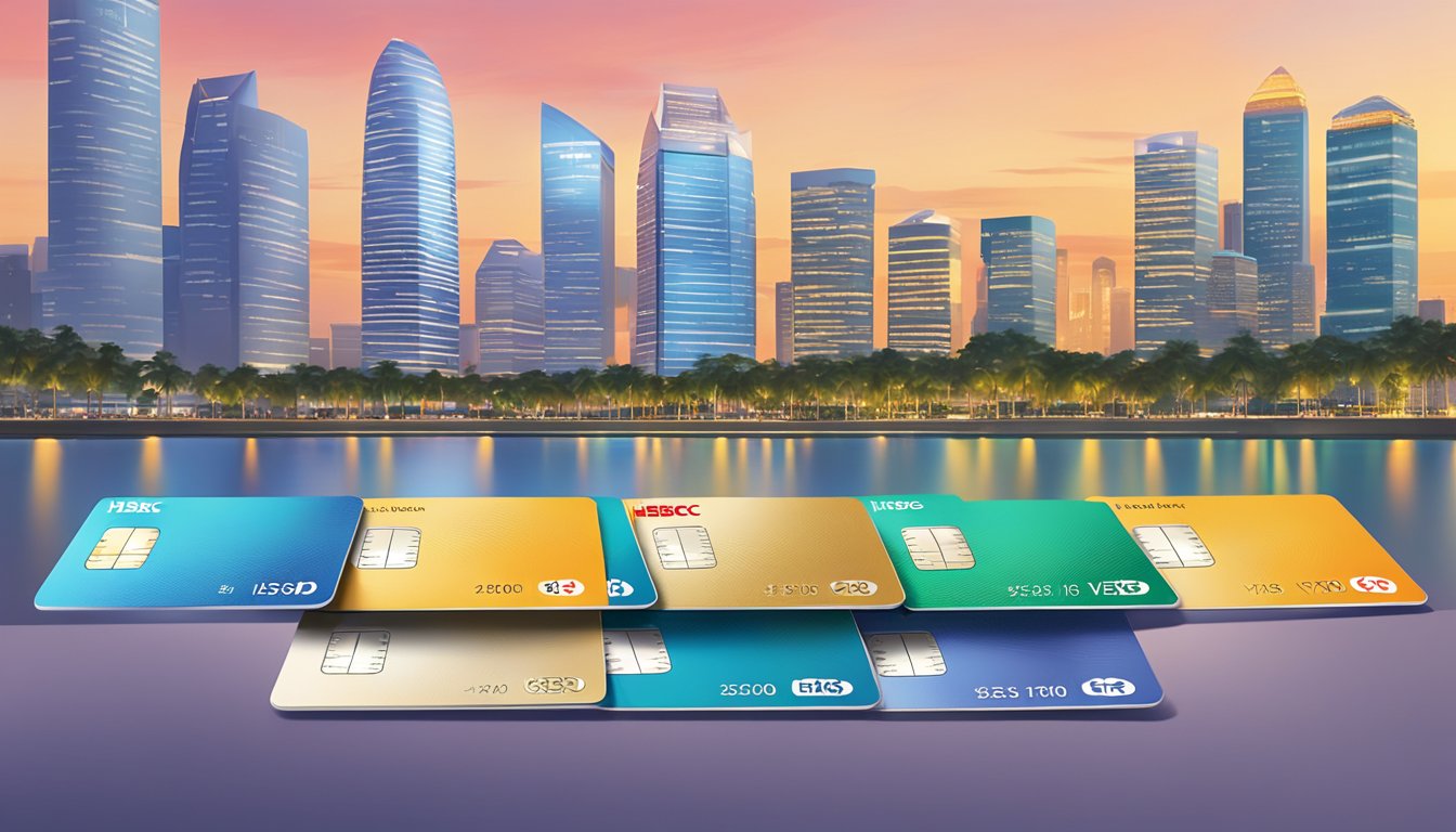 A stack of HSBC Visa Infinite credit cards with a Singapore skyline in the background