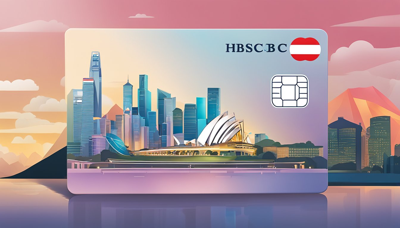 A sleek HSBC Visa Platinum card against a backdrop of iconic Singapore landmarks