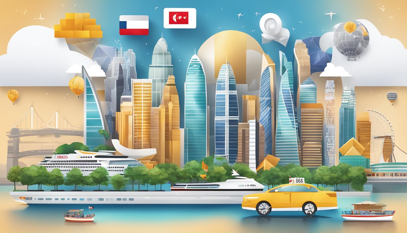 A gleaming HSBC Visa Platinum card surrounded by icons of travel, dining, and shopping, with a backdrop of the Singapore skyline