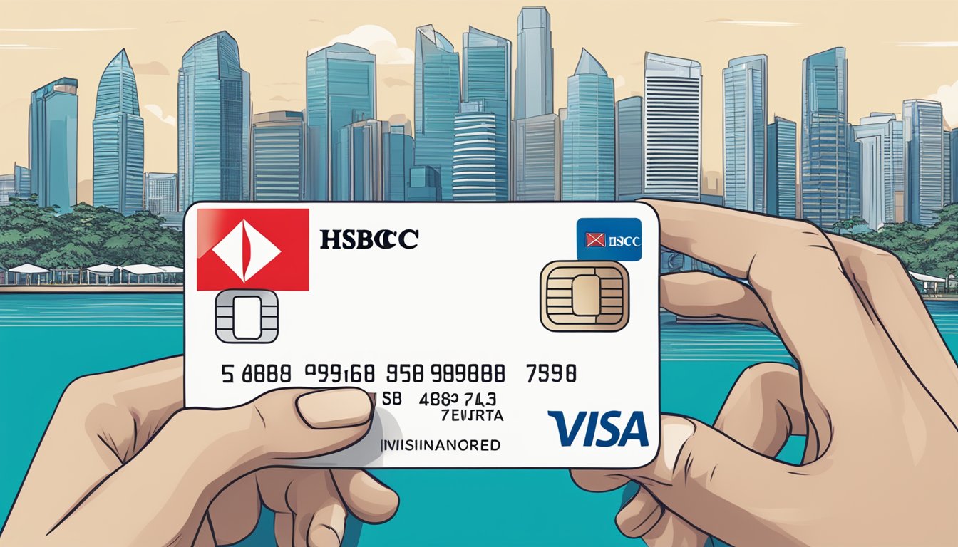 A hand holding an HSBC Visa Platinum card with Singapore skyline in the background. Text "Eligibility and Fees" displayed prominently