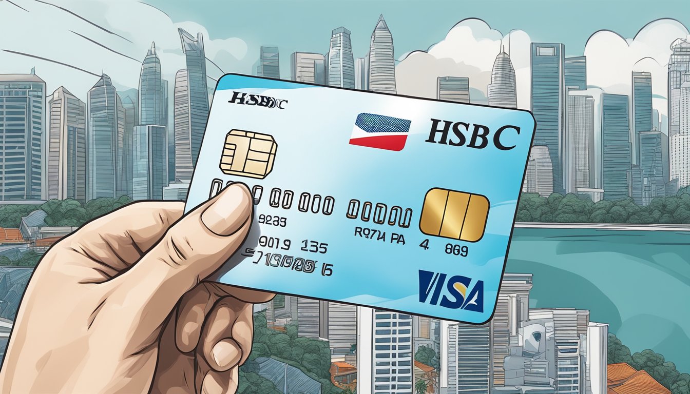 A hand reaches for an HSBC Visa Platinum Card against a backdrop of the Singapore skyline. The card is being managed with a sense of control and authority