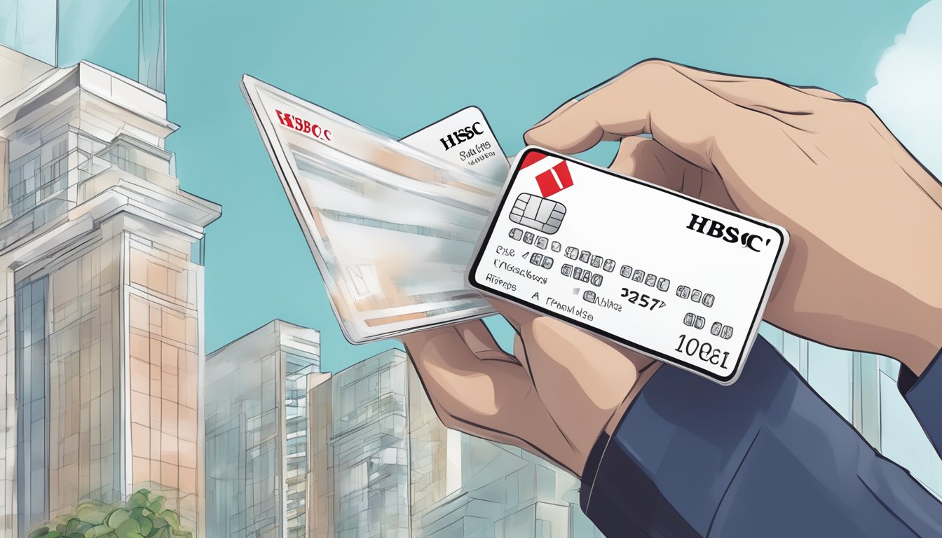 A person holding an HSBC Visa Platinum card in Singapore, with a list of frequently asked questions floating around them