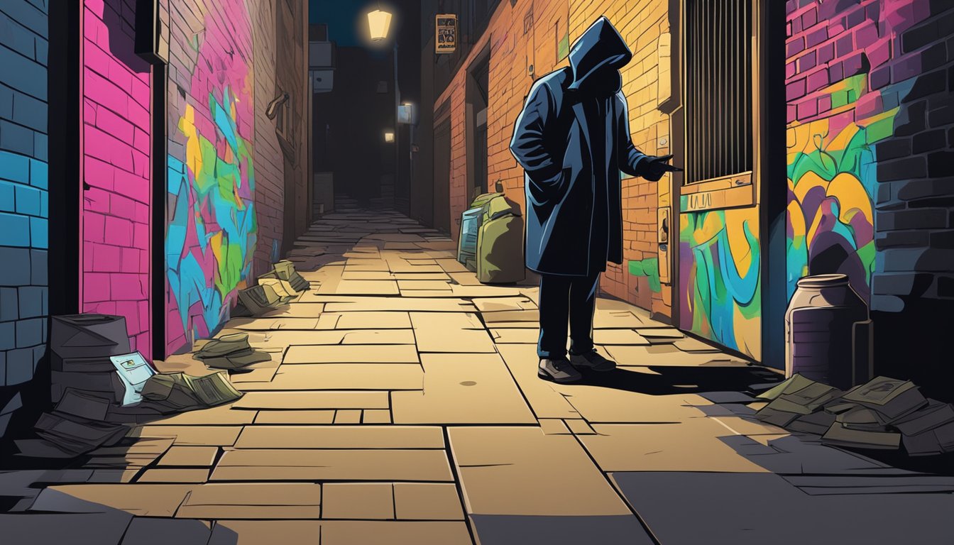 A shadowy figure counts cash in a dimly lit alley. Graffiti covers the walls, and a sign warns against illegal money lending