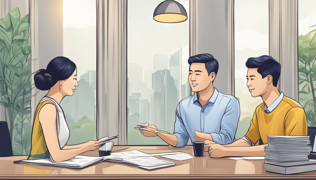 A couple discusses wedding loan terms with a moneylender in Singapore