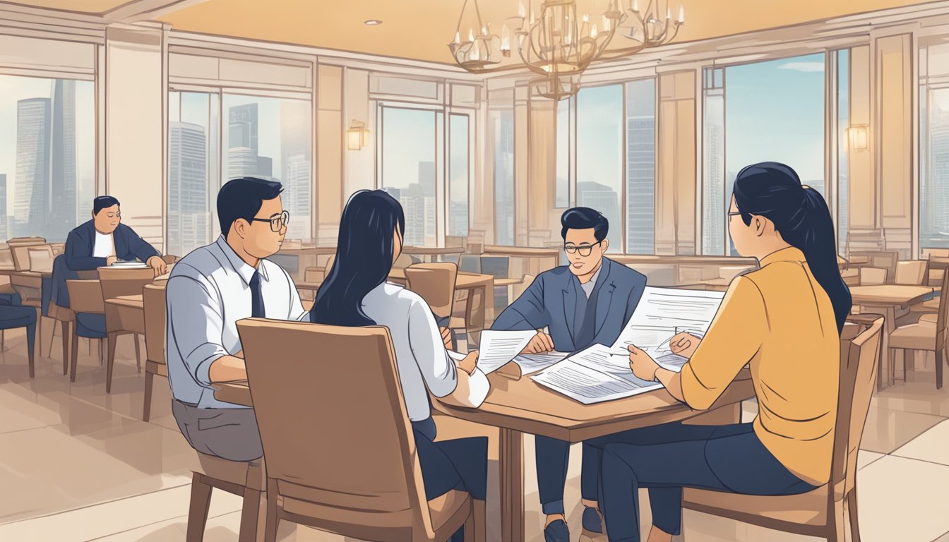 A couple sits at a table, reviewing loan documents with a moneylender in Singapore. The moneylender explains terms and conditions as the couple considers their options for wedding expenses