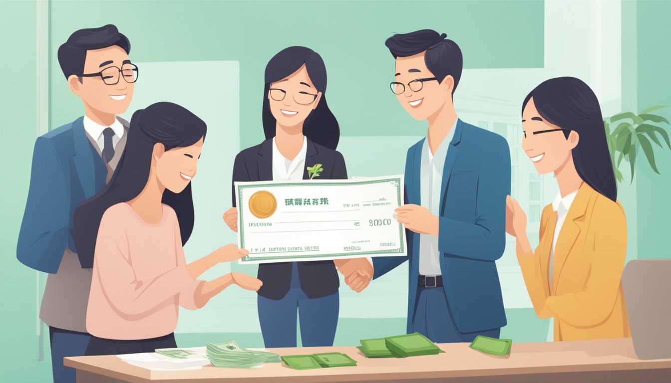 A couple joyfully receives a personal loan for their wedding expenses from a moneylender in Singapore. The loan officer presents the couple with a check or cash, while the couple smiles with gratitude