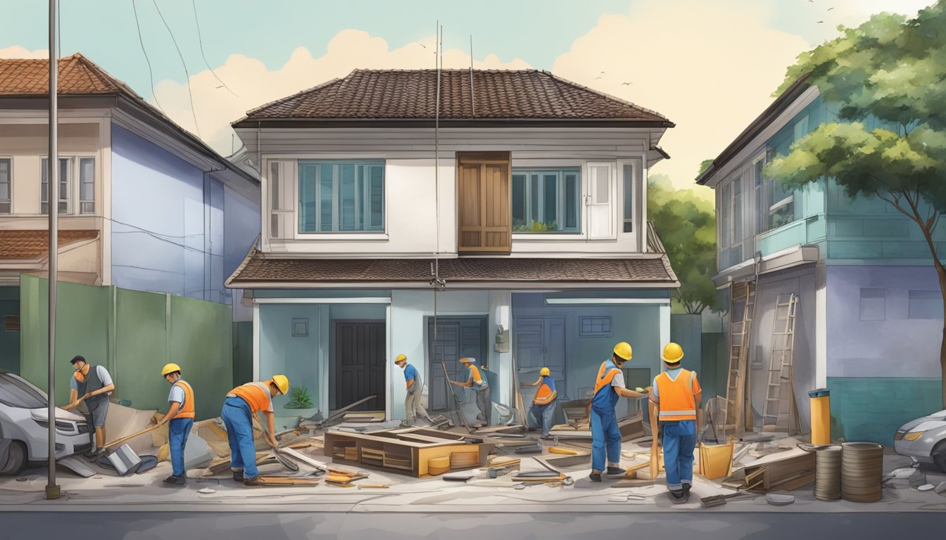 A house being renovated in Singapore with workers, tools, and materials scattered around the space