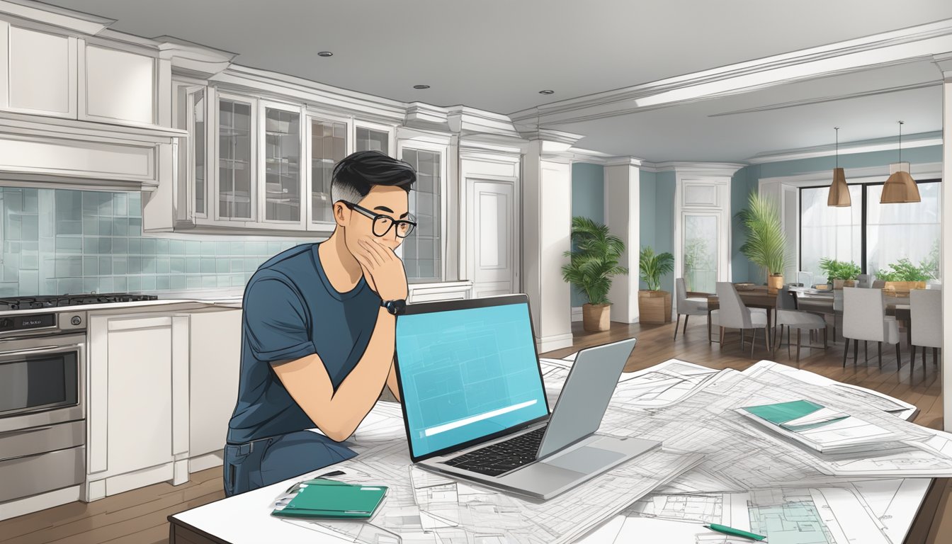 A homeowner researches renovation loans online, surrounded by floor plans, budget spreadsheets, and a laptop displaying "house renovation loan singapore."