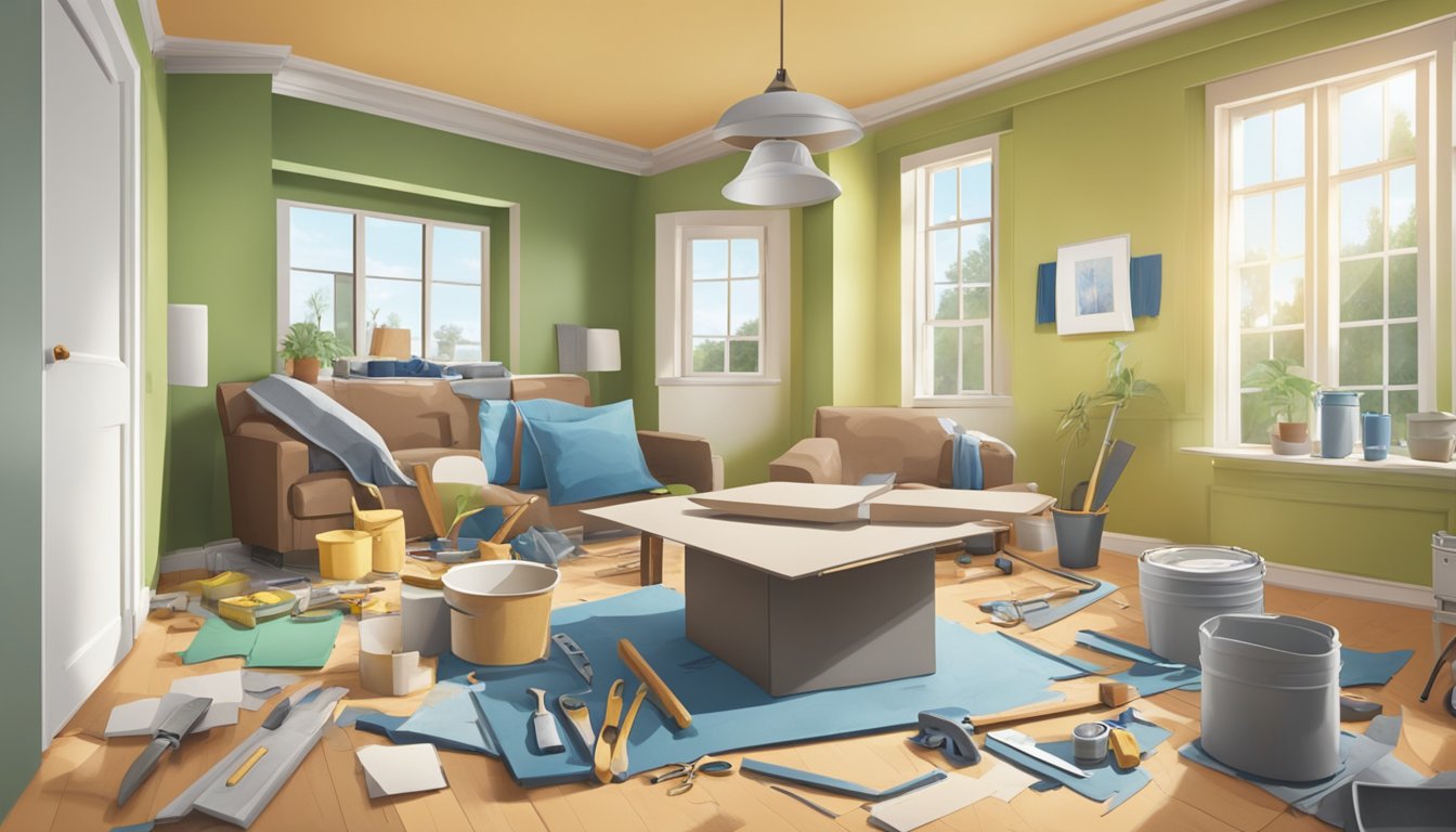 A homeowner uses a loan to renovate their house, with tools and materials scattered around a room being refurbished