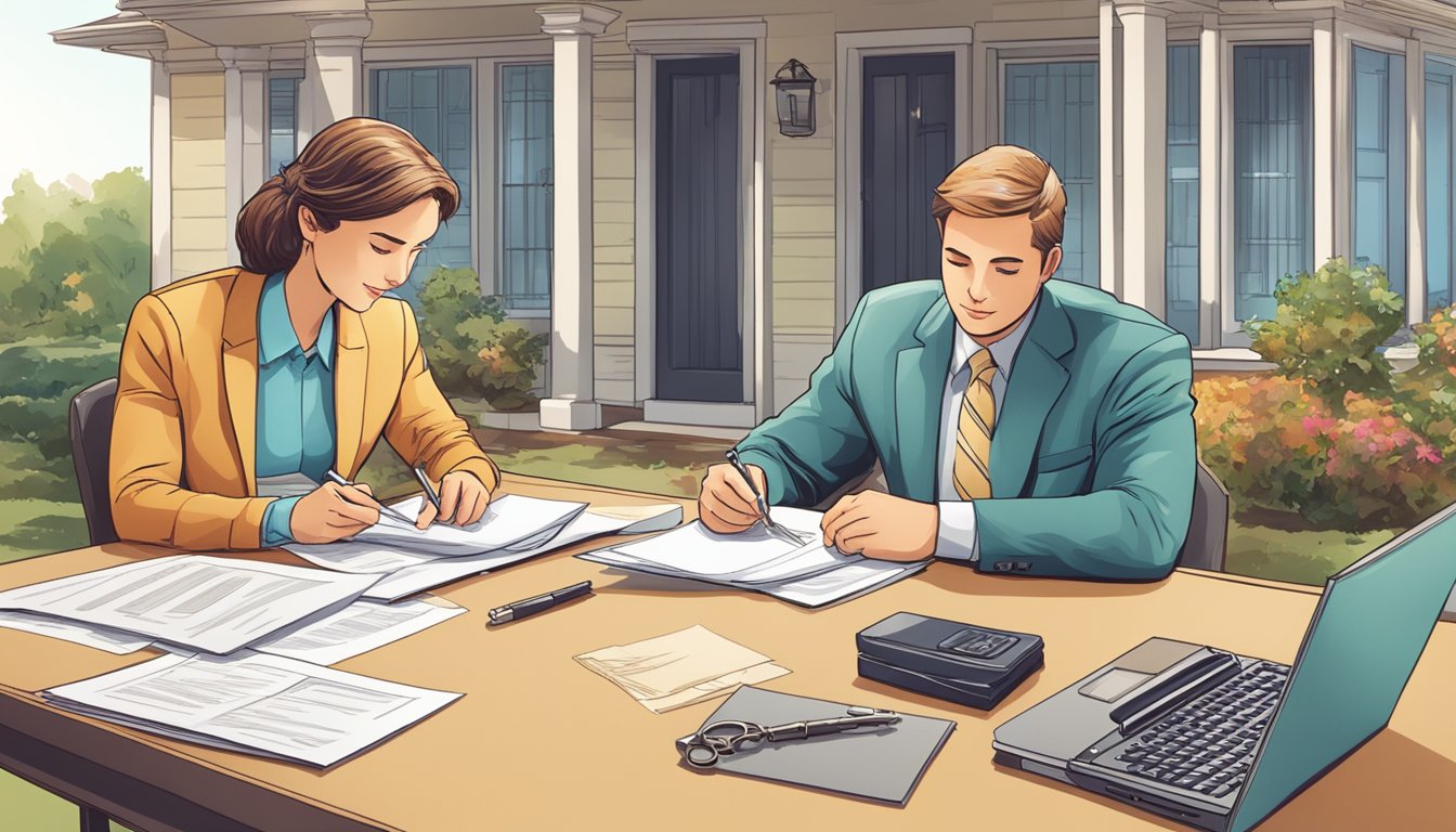 A couple sits at a desk, reviewing documents with a bank officer. A house key and contract are on the table. Outside, a "Sold" sign stands in the yard