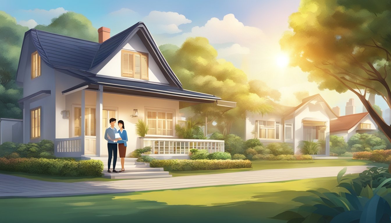 A happy couple receives a letter of principal approval for their dream property in Singapore. The sun is shining, and a beautiful house is depicted in the background