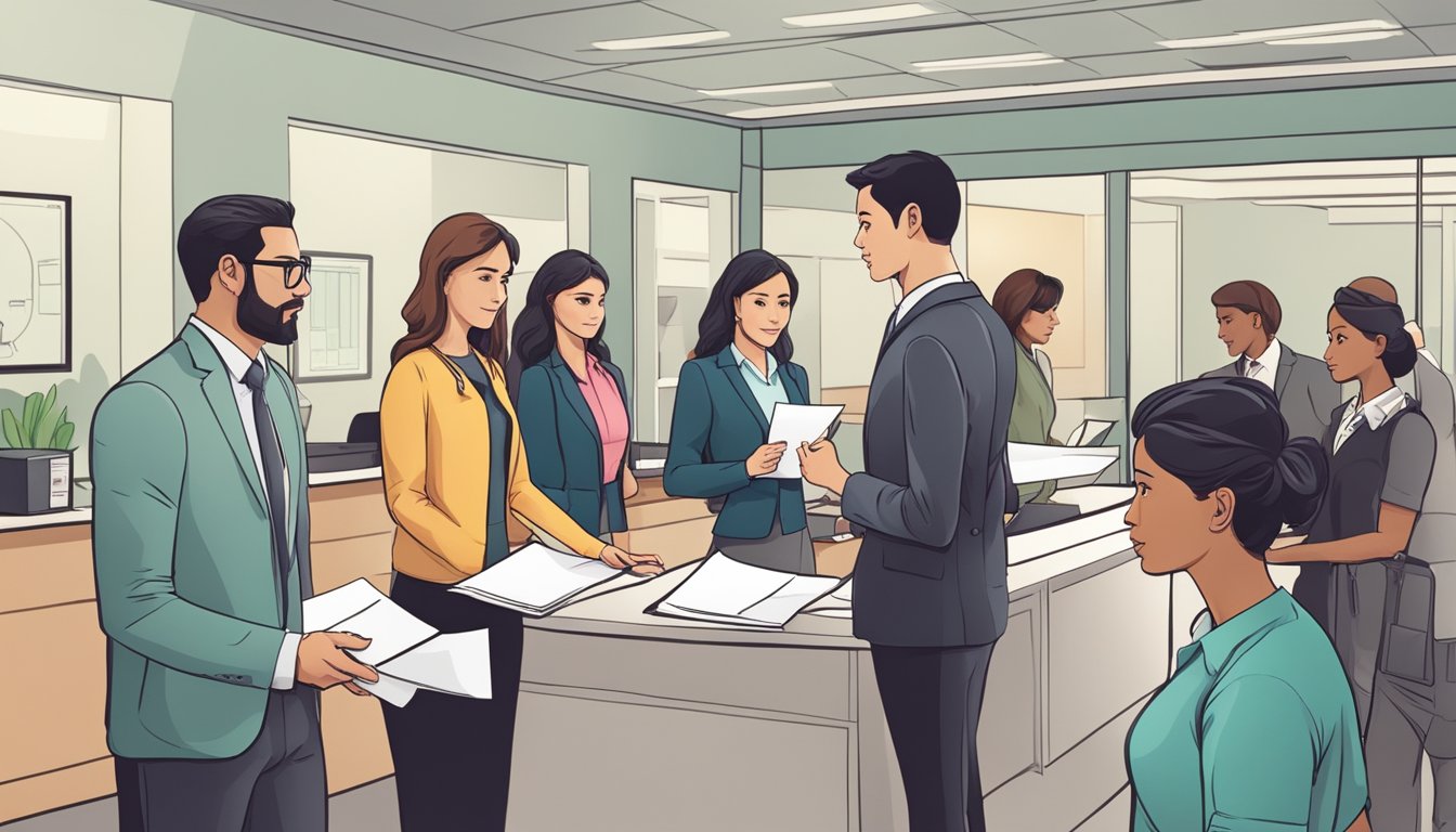 A group of people standing in line at the principal's office, holding papers and looking expectantly at the receptionist