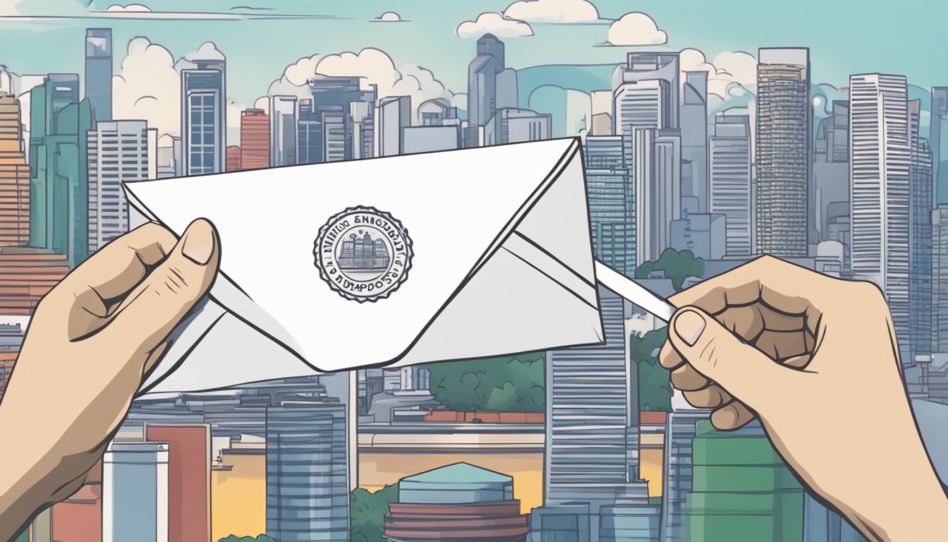 A hand holding a letter with "In Principle Approval" stamped on it, against a backdrop of the Singapore skyline