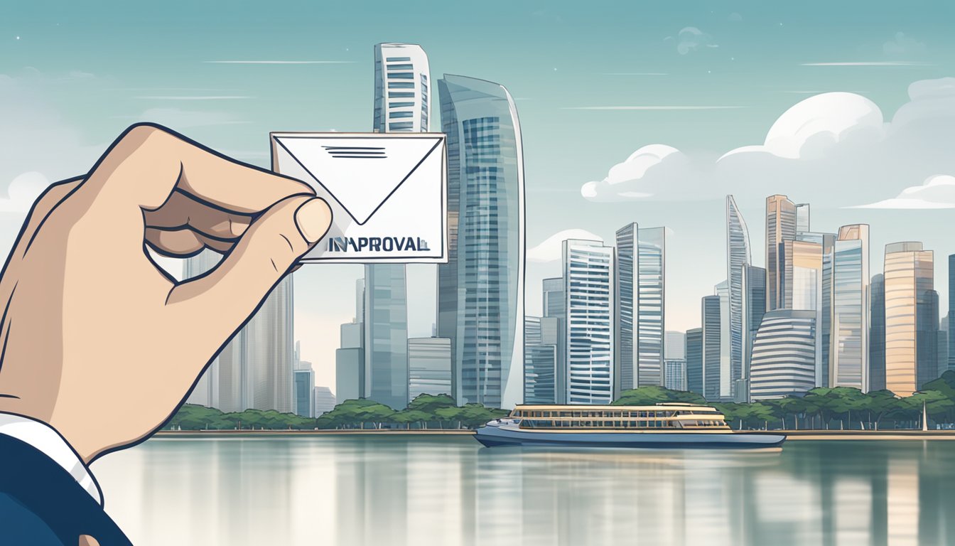 A hand holding a letter with "In-Principle Approval" stamped on it, with a Singapore skyline in the background