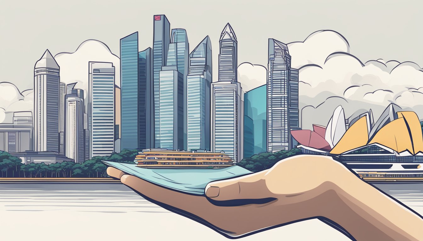 A hand holding a letter with the Singapore skyline in the background