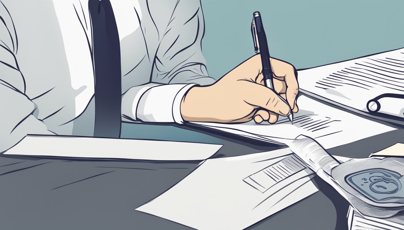 A hand holding a pen signing a document with a stamp and seal in the background