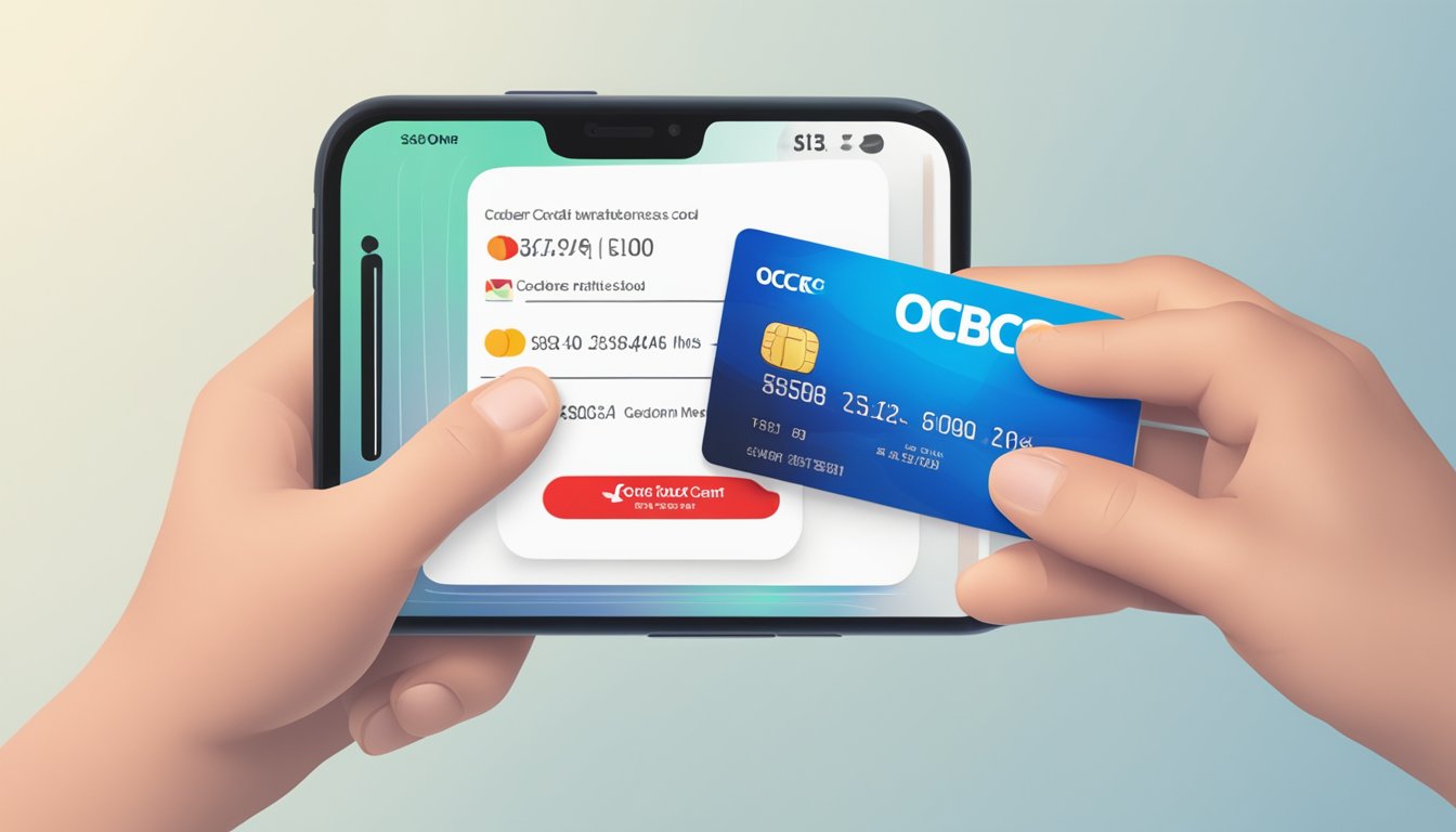 A hand holding an OCBC credit card with a limit increase notification on a smartphone screen