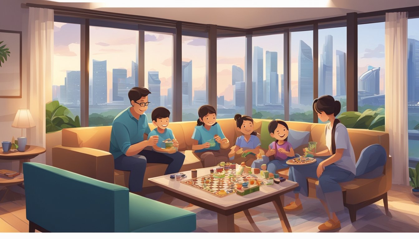 A family plays board games and enjoys a meal together in a cozy living room with a view of the Singapore skyline