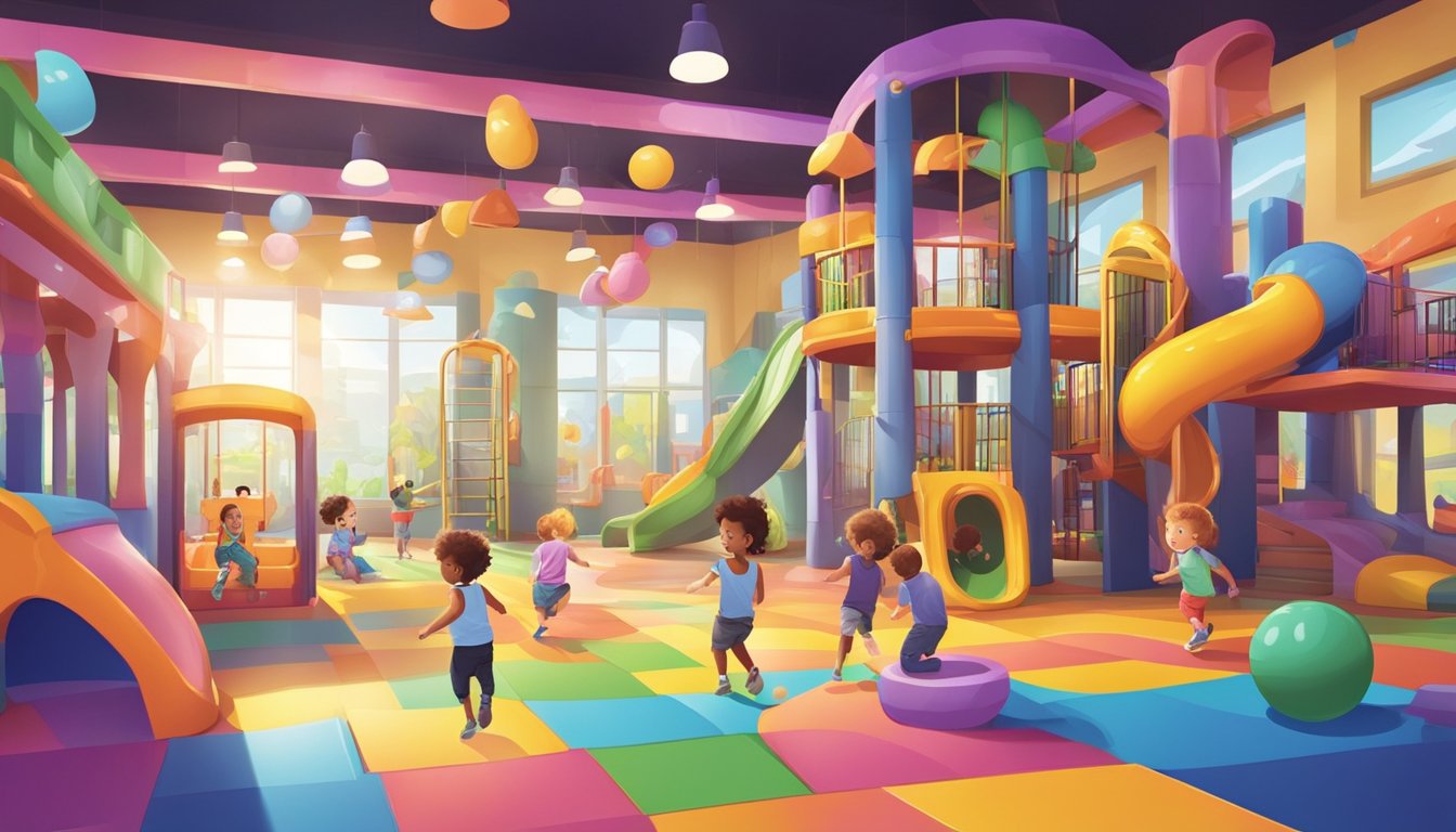 Families play in colorful indoor playground with slides, ball pits, and climbing structures. Bright lights and cheerful music create a lively atmosphere