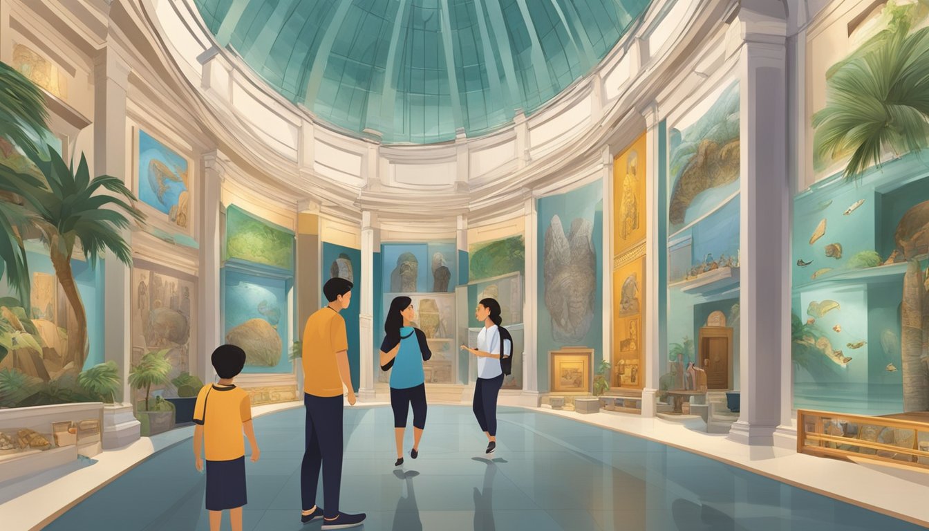 A family explores a museum exhibit in Singapore, surrounded by educational displays and cultural artifacts