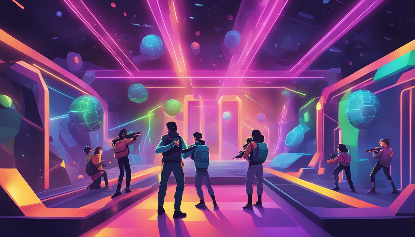A family plays laser tag in a neon-lit arena, while others climb a colorful indoor rock wall