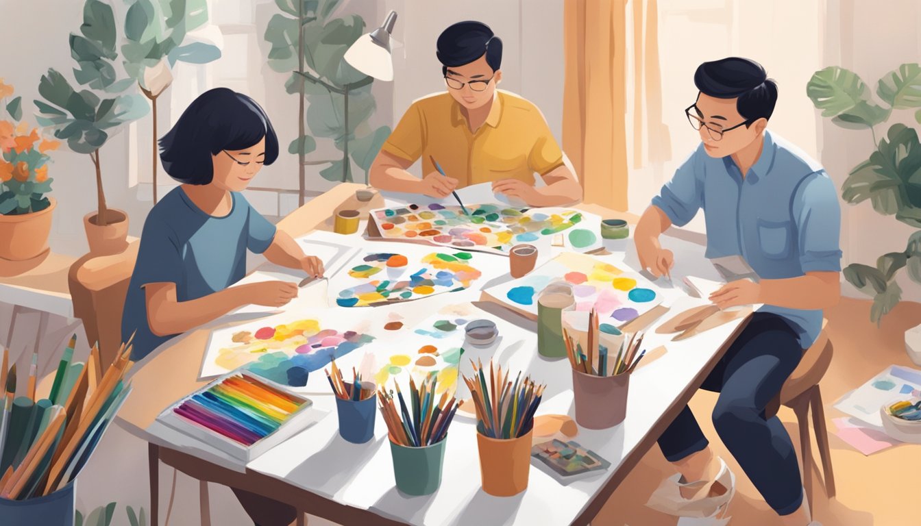 A family creating art together indoors in Singapore. Materials spread out on a table, with colorful drawings and paintings in progress