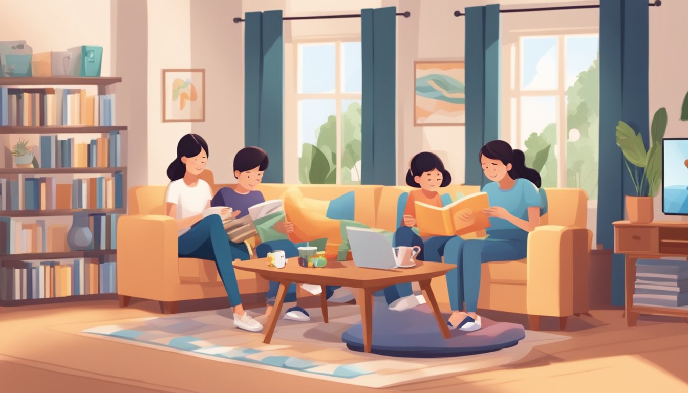 A family enjoys indoor activities in Singapore: playing board games, reading books, and watching movies in a cozy living room with soft lighting and comfortable furniture