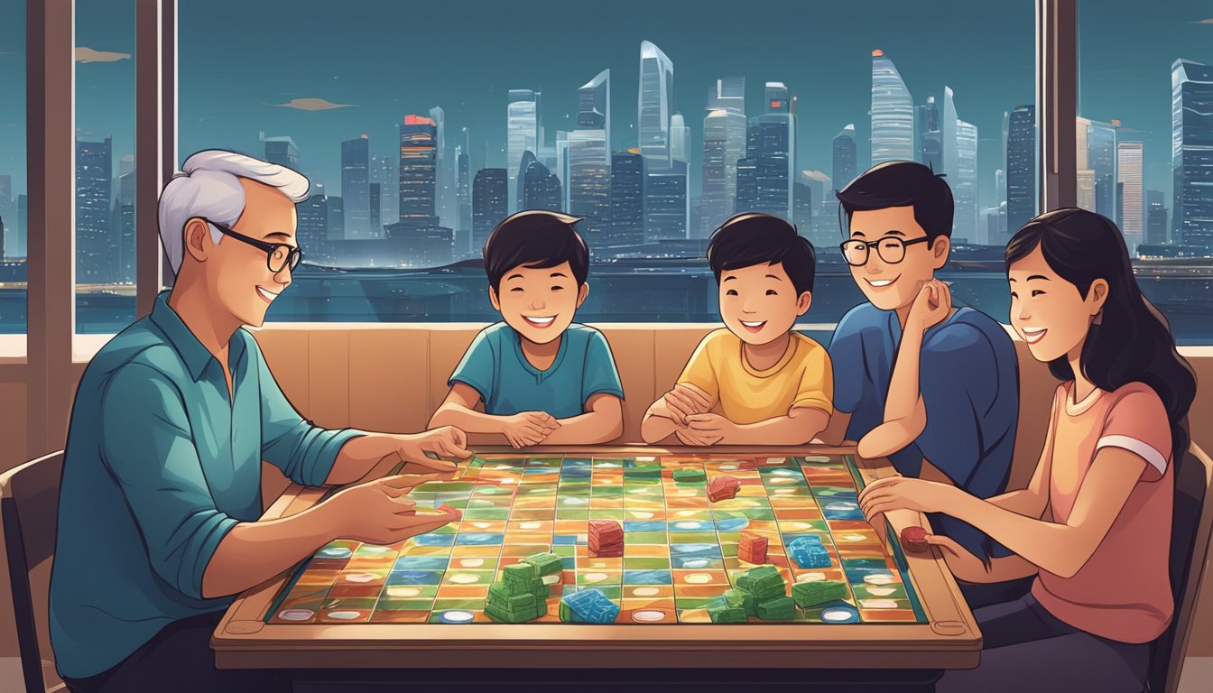 A family sits around a table, playing board games and engaging in lively conversation. Outside the window, the skyline of Singapore can be seen, with iconic landmarks in the distance