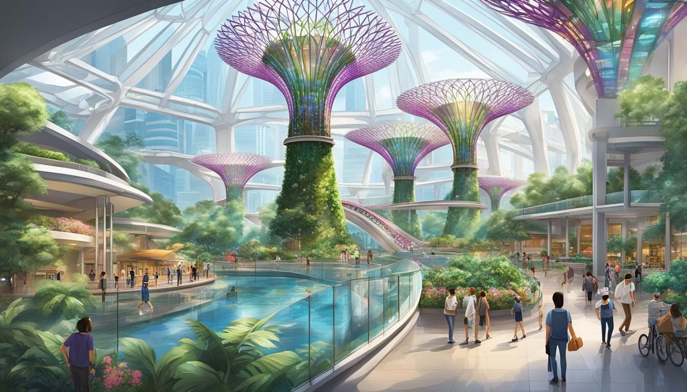 The scene features iconic indoor attractions in Singapore, such as the futuristic Gardens by the Bay, the stunning ArtScience Museum, and the bustling shopping malls along Orchard Road