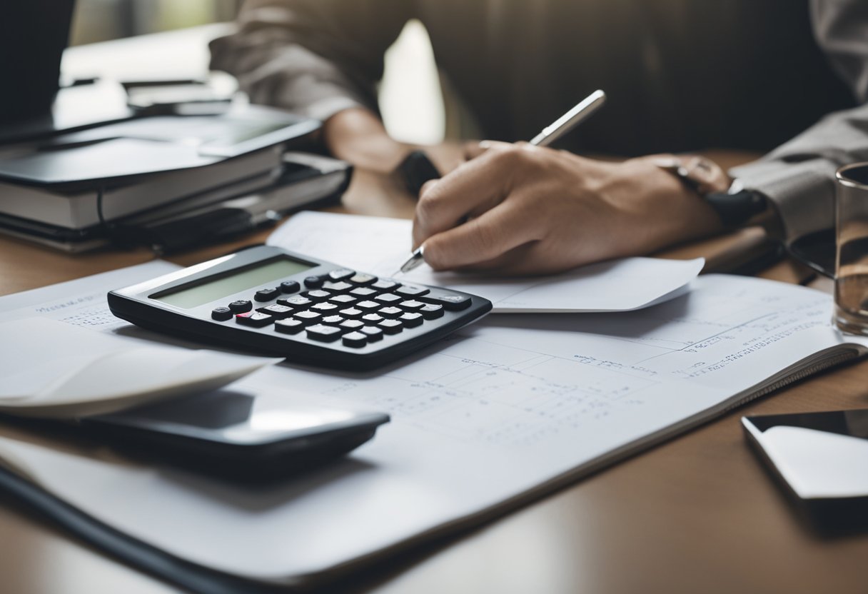 A person creating a budget plan for a house project, using a calculator and writing notes on a table