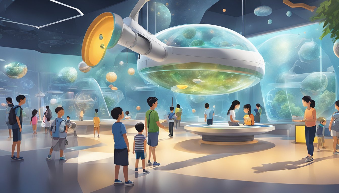 Families enjoy interactive exhibits at a futuristic science museum in Singapore