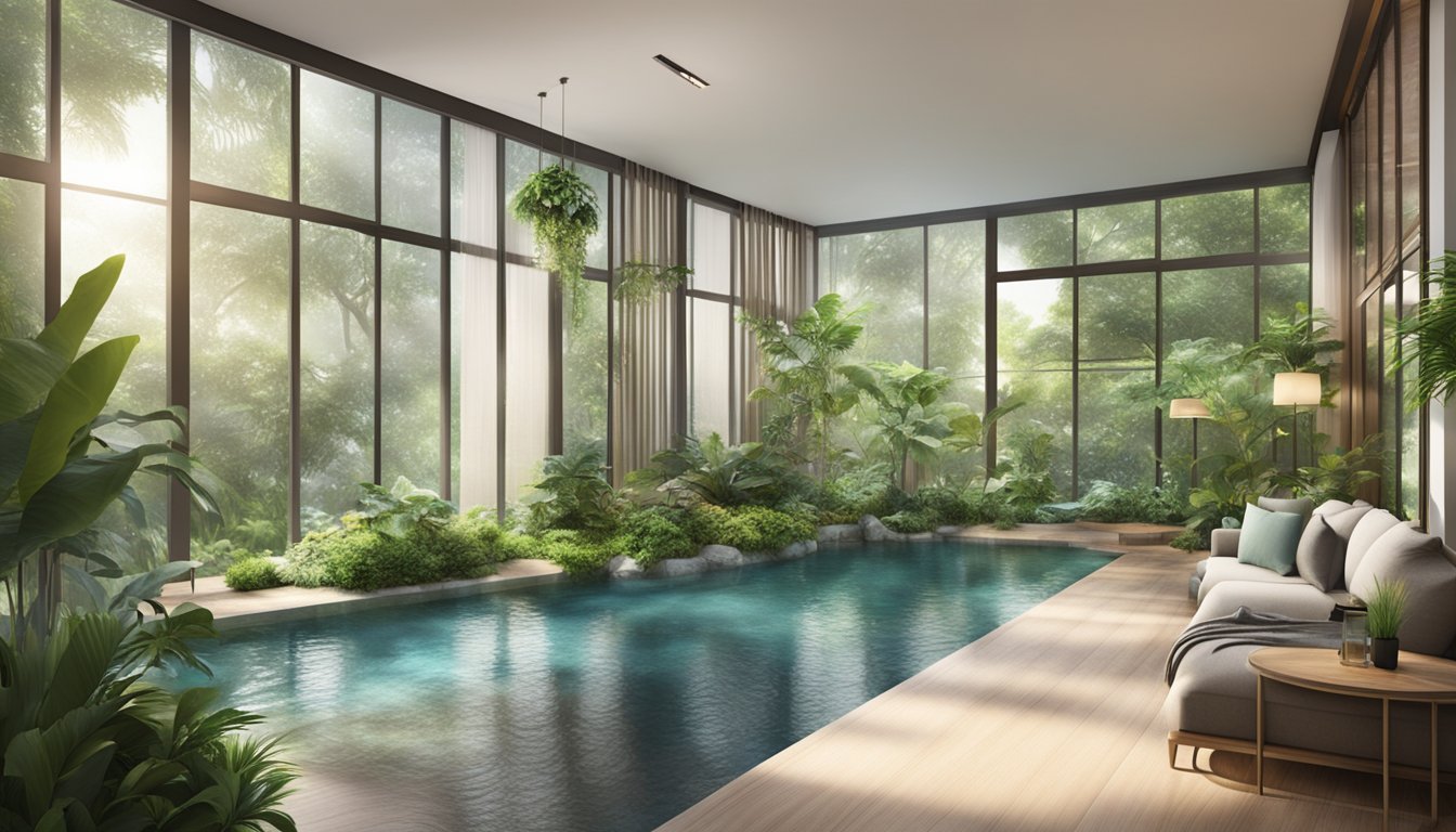 A serene indoor space with lush greenery, tranquil water features, and soothing ambient lighting, creating a peaceful environment for relaxation and wellness activities in Singapore