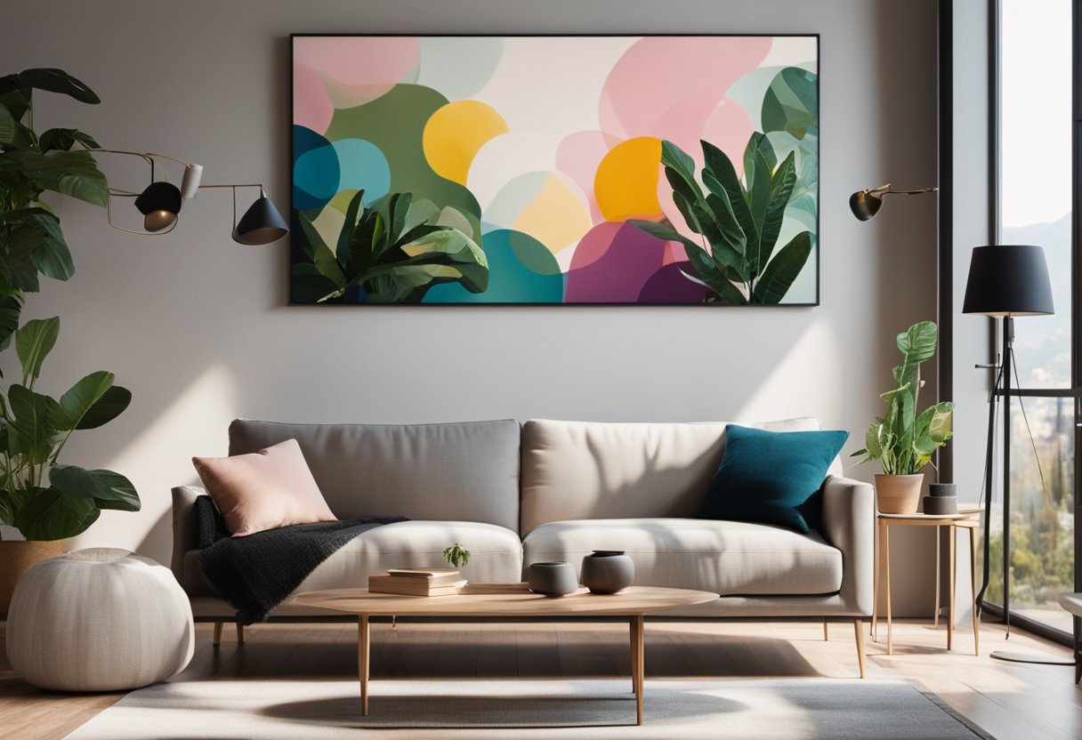 A cozy living room with a colorful abstract painting hanging above a modern sofa, surrounded by potted plants and natural light streaming in through the windows