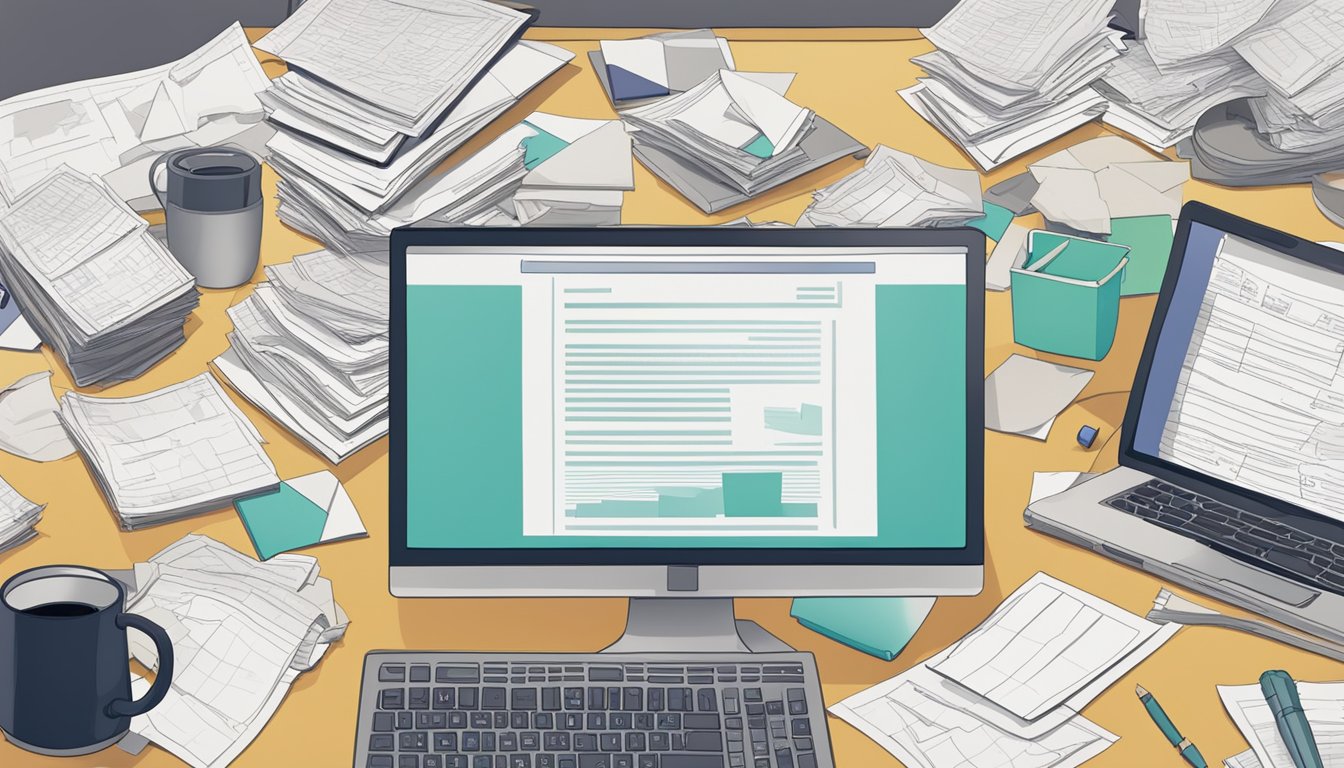 A cluttered desk with a computer screen showing "insolvency search Singapore," surrounded by scattered papers and a stressed atmosphere