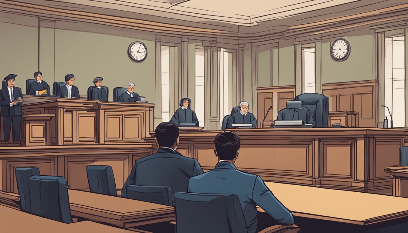 A courtroom with a judge presiding over a case of insolvency in Singapore. Lawyers present evidence and arguments, while the atmosphere is tense and serious
