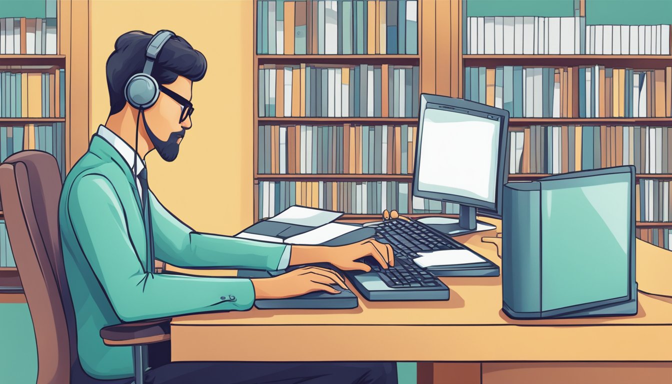 A person typing on a computer, searching for insolvency records in Singapore