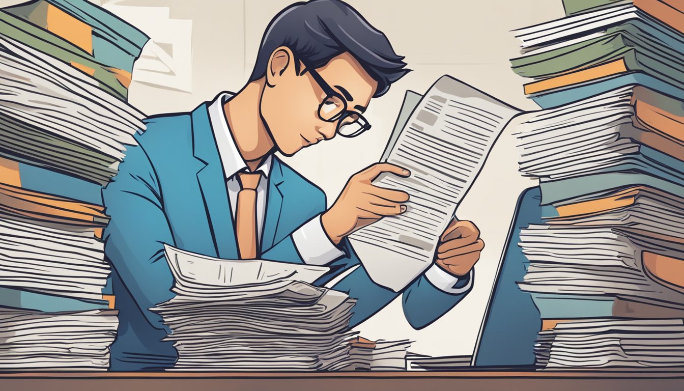 A person searching through legal and financial documents in Singapore for insolvency implications
