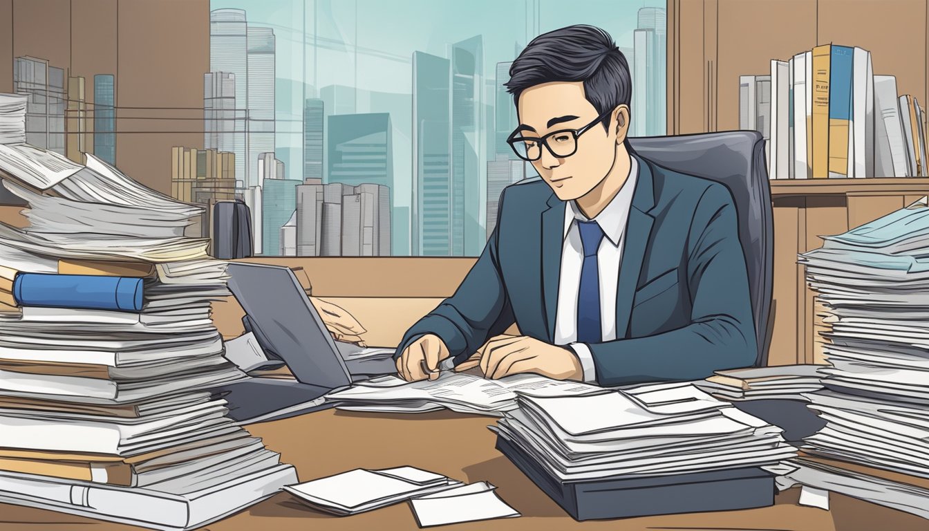 A lawyer researching insolvency laws in Singapore, surrounded by legal documents and a computer