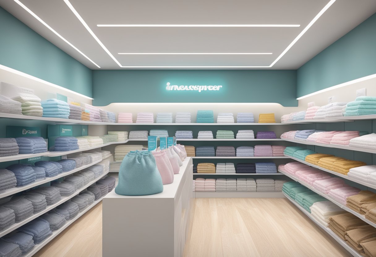 Top brands and products of highly absorbent incontinence underwear displayed on shelves in a well-lit store