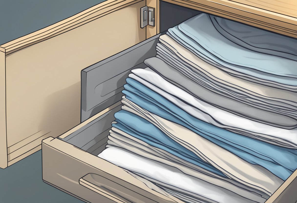 A stack of highly absorbent incontinence underwear being neatly folded and organized in a drawer