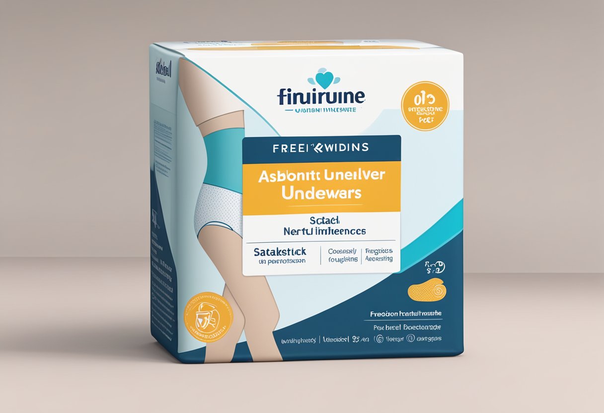 Absorbent incontinence underwear stacked in a neat pile, with packaging featuring frequently asked questions