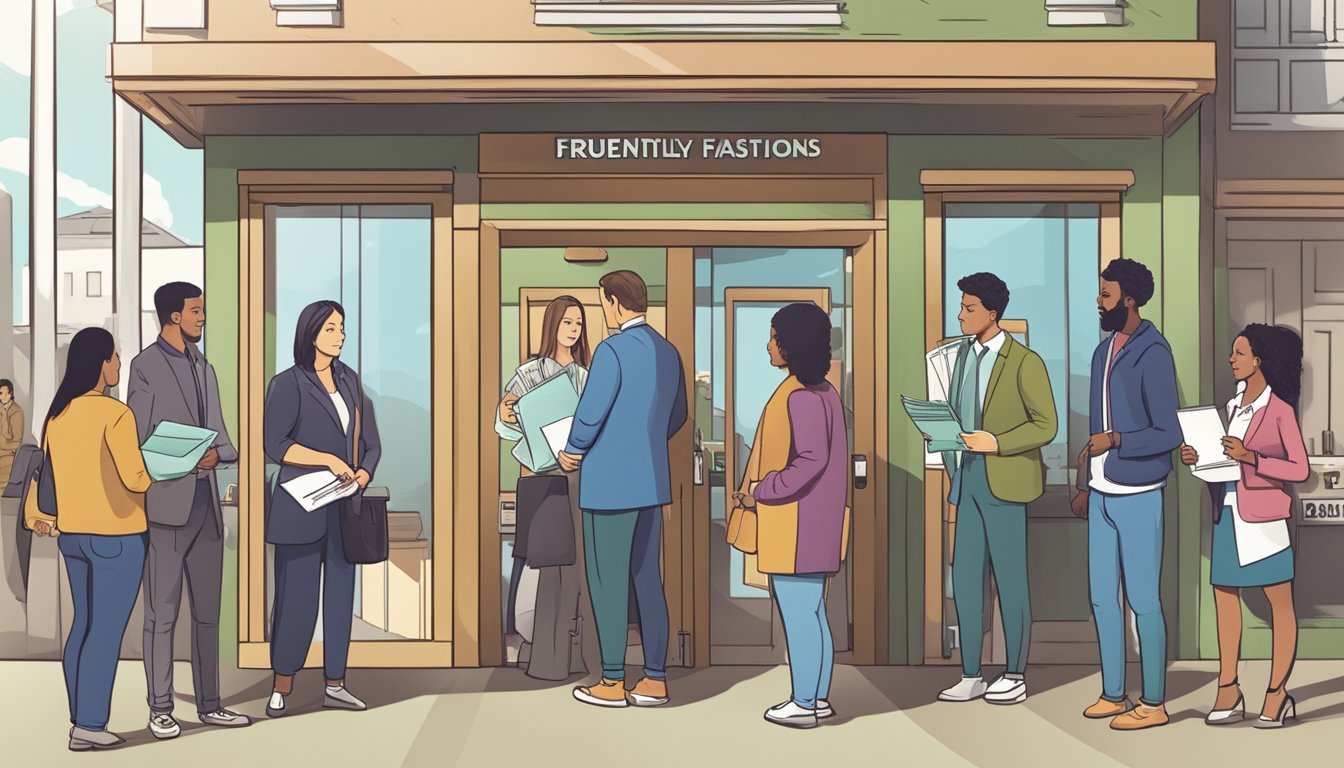 People lining up at a loan office, holding documents and cash. A sign with "Frequently Asked Questions" is displayed prominently