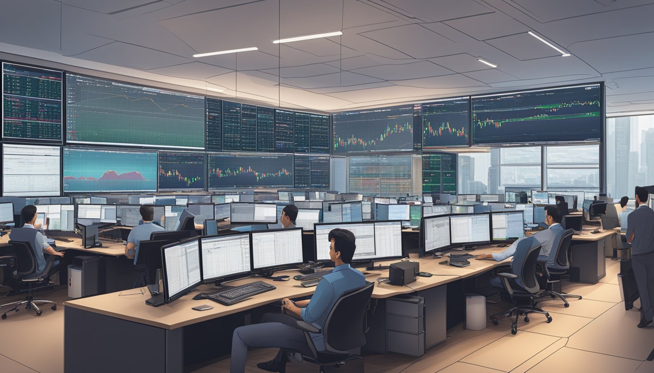 A bustling trading floor at Interactive Brokers Singapore, with screens displaying real-time market data and traders engaged in rapid transactions