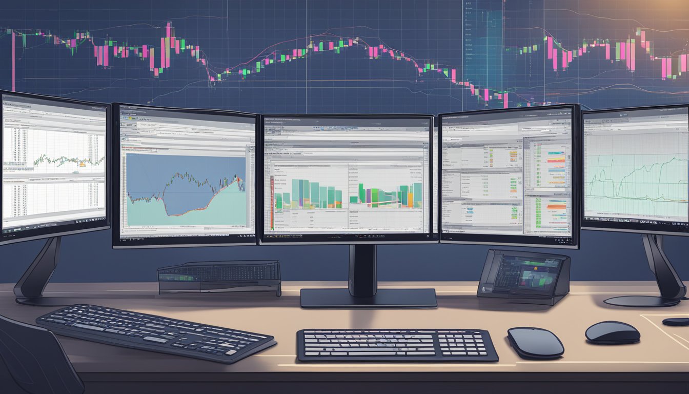 A computer screen displays the Interactive Brokers platform with trading tools and technology. Multiple monitors show live market data