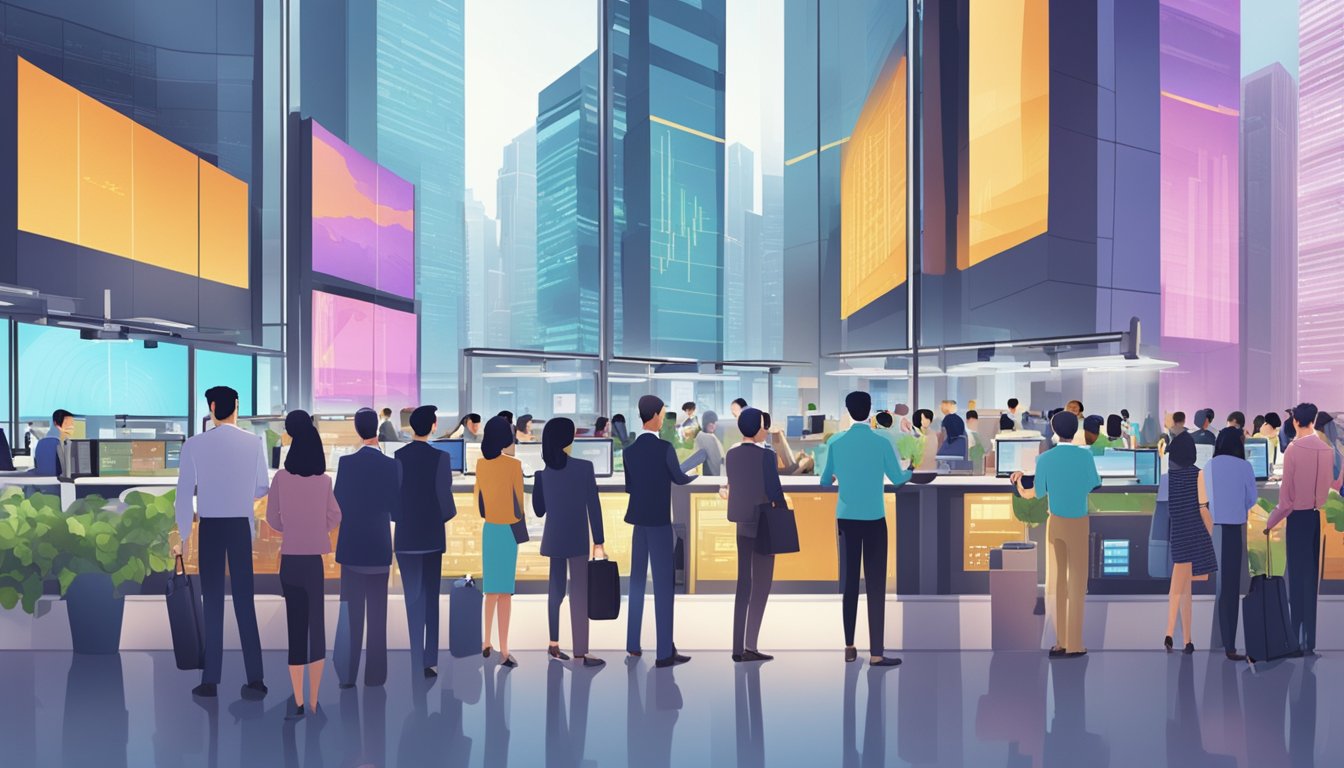 A bustling financial district in Singapore, with traders and brokers interacting and exchanging information, surrounded by digital screens displaying costs and commissions