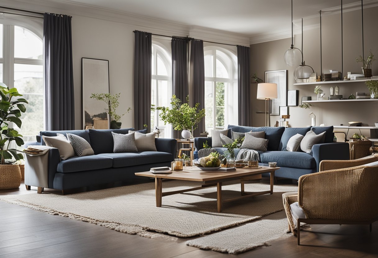 A cozy living room with a mix of modern and traditional furniture, a large dining table for family gatherings, and separate areas for different generations to relax and socialize