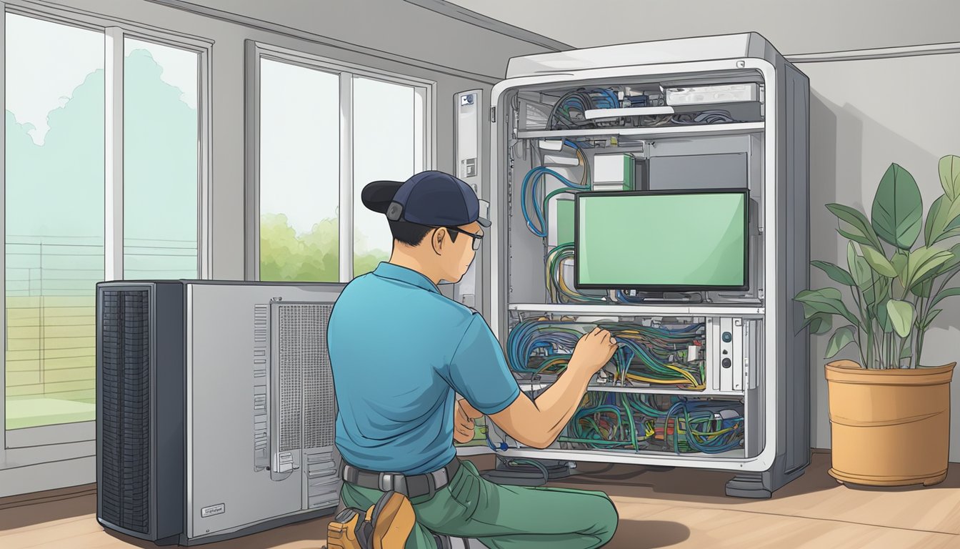 A technician installs internet equipment in a Singaporean home