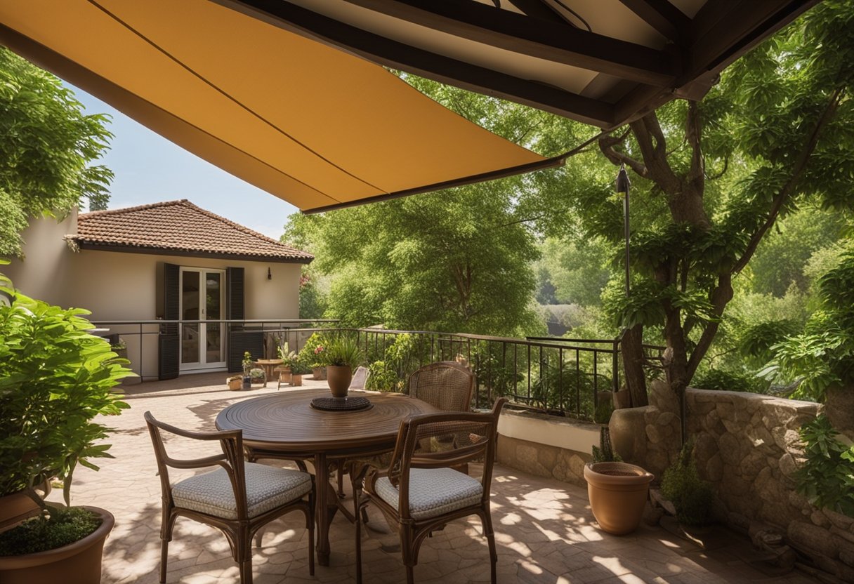 A house shaded by trees and awnings, with open windows and fans, to protect against summer heat