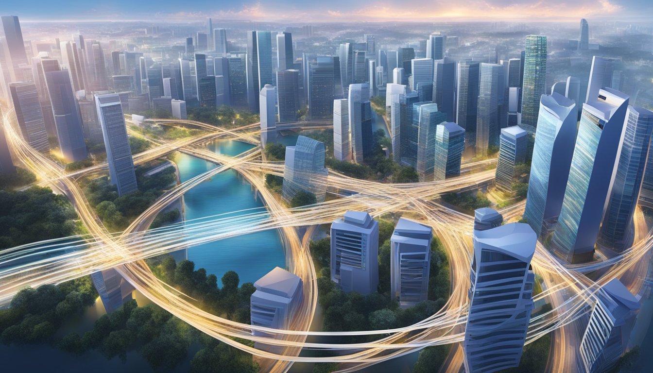 A network of fiber optic cables crisscrossing Singapore's urban landscape, connecting homes and businesses to high-speed internet services
